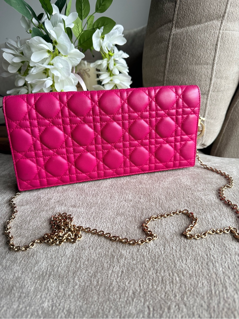 Dior - Lady Dior Pink Cannage Lambskin Crossbody Clutch Authentic